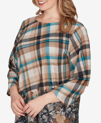 Plus Size Floral Plaid Cozy Ballet Neck Top