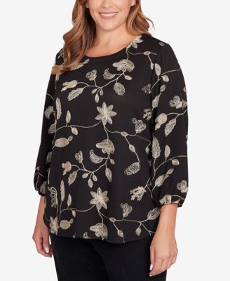 Plus Size Metallic Embroidered Floral Top