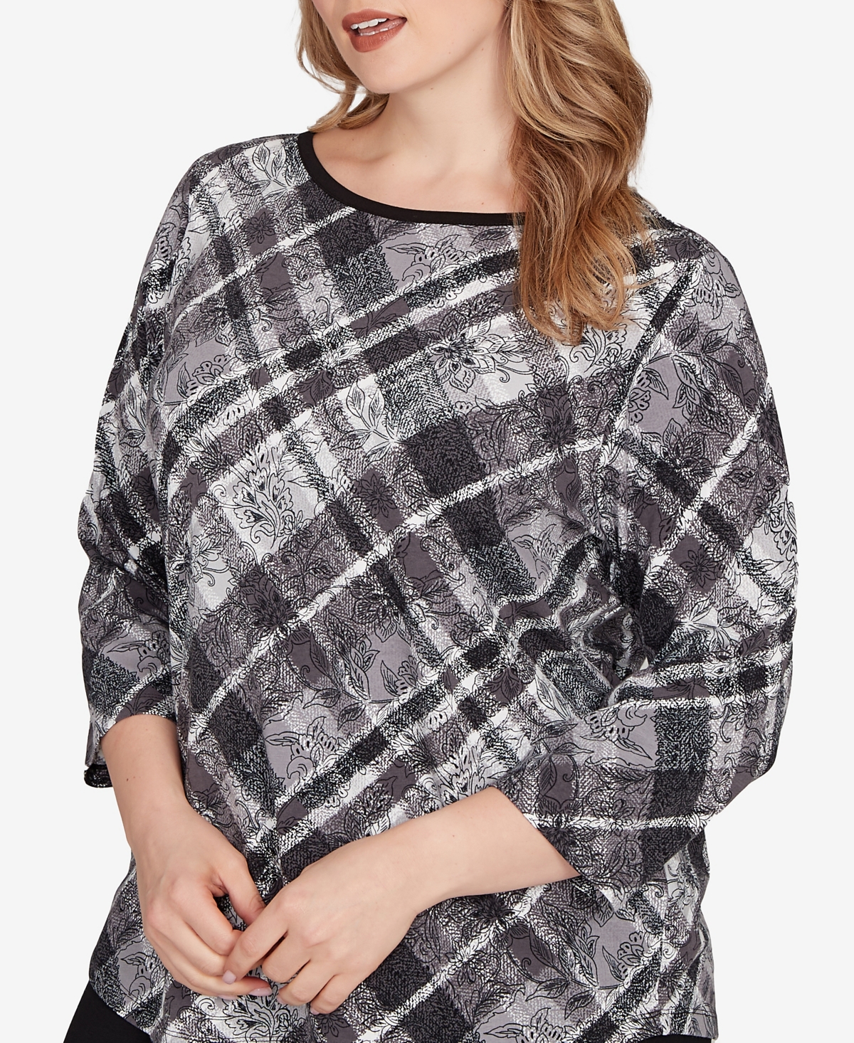Ruby Rd. Plus Size Solid Tipped Plaid Knit Top In Gray