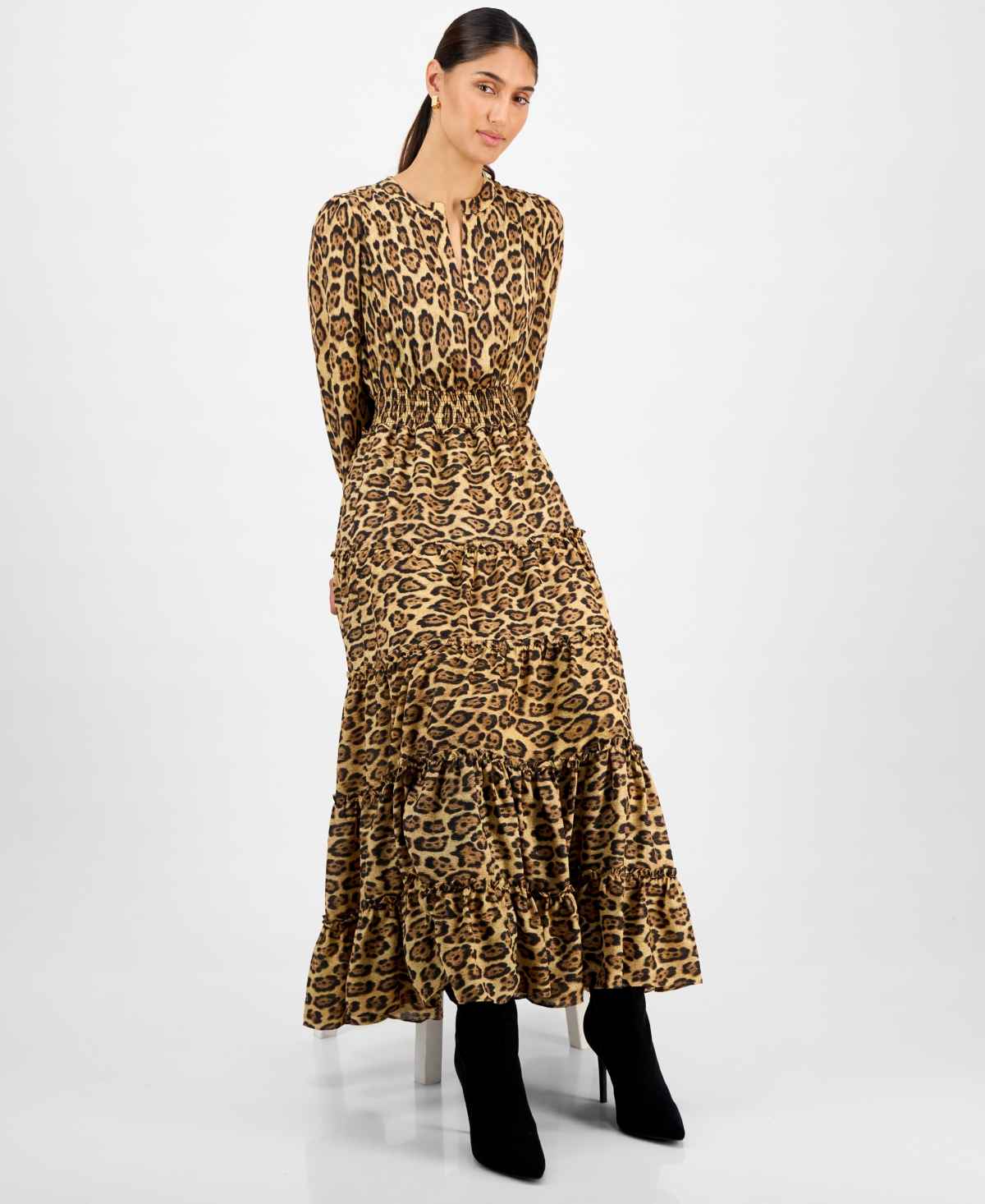 T Tahari Women's Animal-print Split-neck Maxi Dress In Animal Print