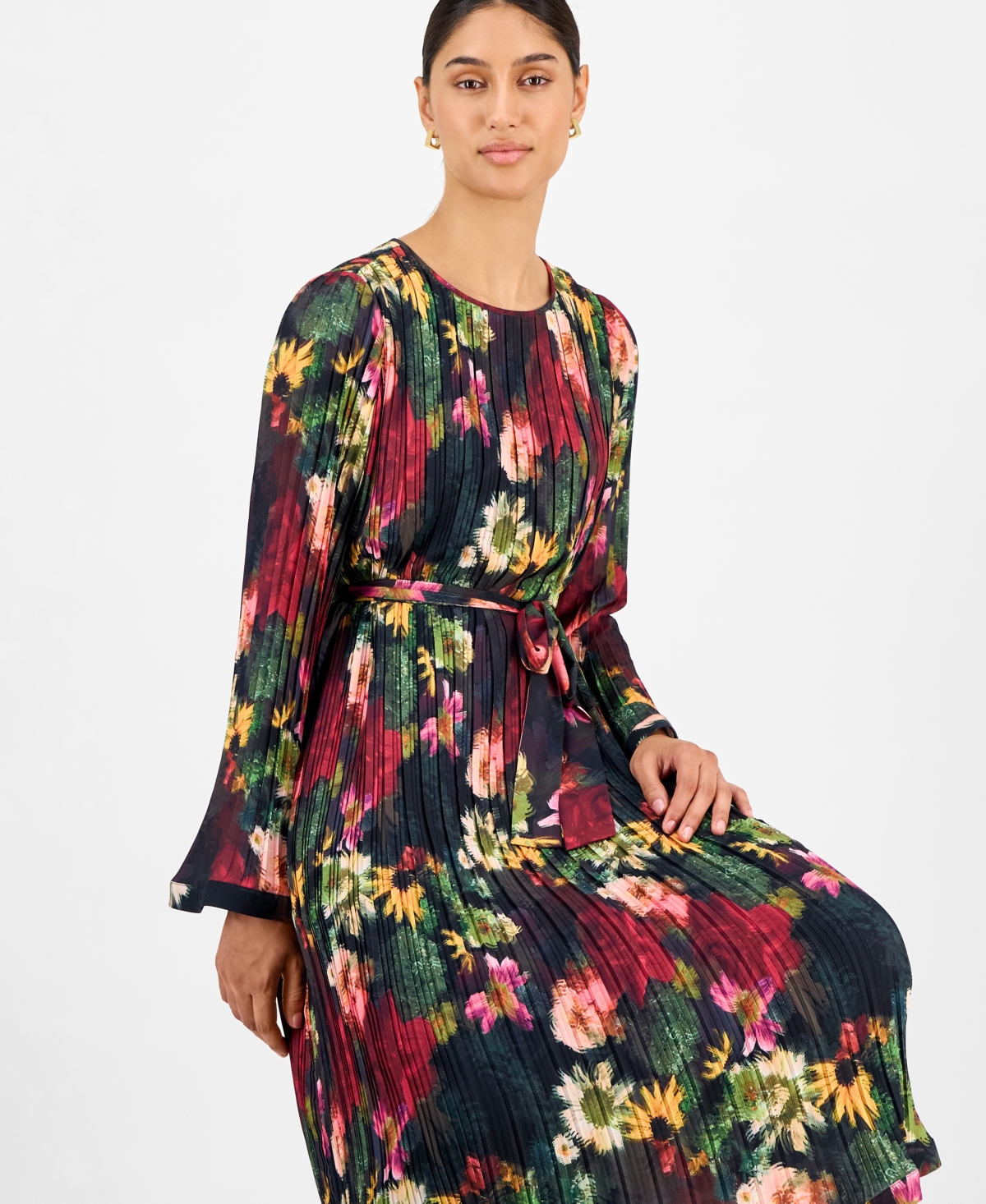 T Tahari Women's Floral-print Pleated Midi Dress In Brown
