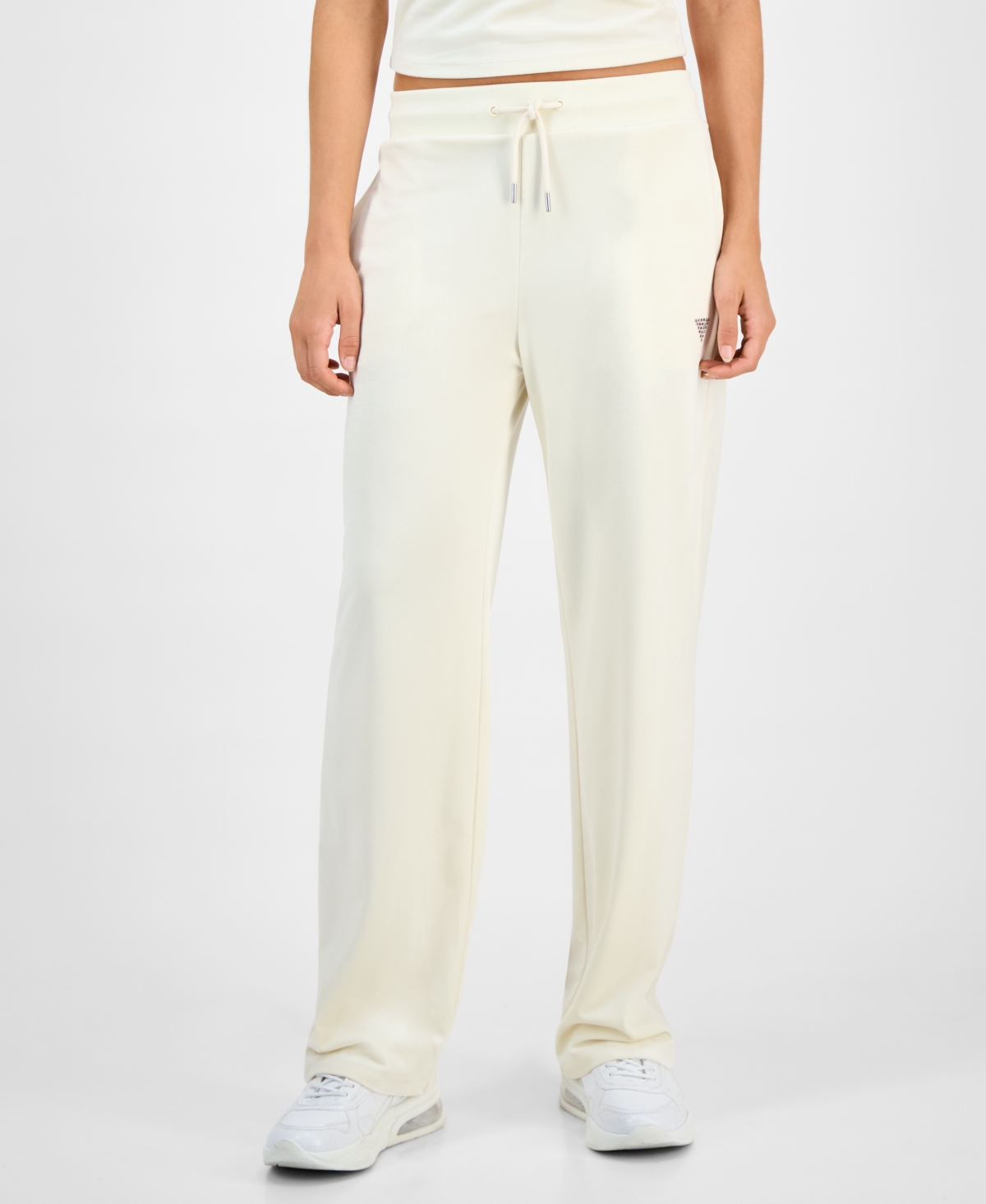 Guess Womens Couture Cropped Velour Hoodie Short Sleeve Velour T Shirt Straight Leg Velour Pants In White