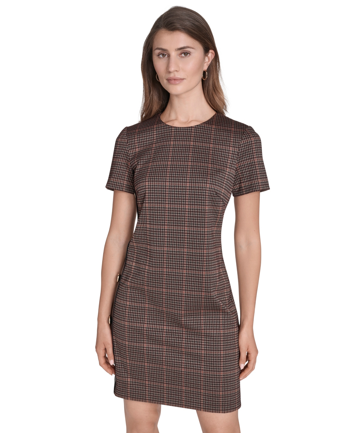 Halston Women's Micro Houndstooth Button Dress In Brown