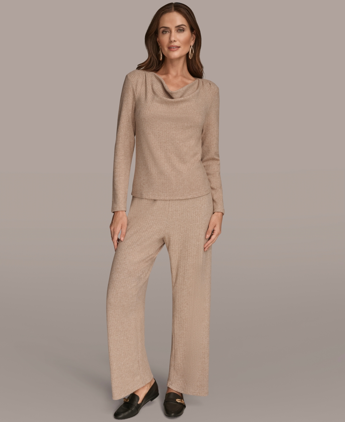 Donna Karan Womens Lurex Rib Cowl Neck Long Sleeve Top Wide Leg Pull On Pants In Brown