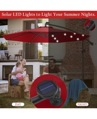 10' Hanging Solar LED Umbrella Patio Sun Shade Offset Market W/Base