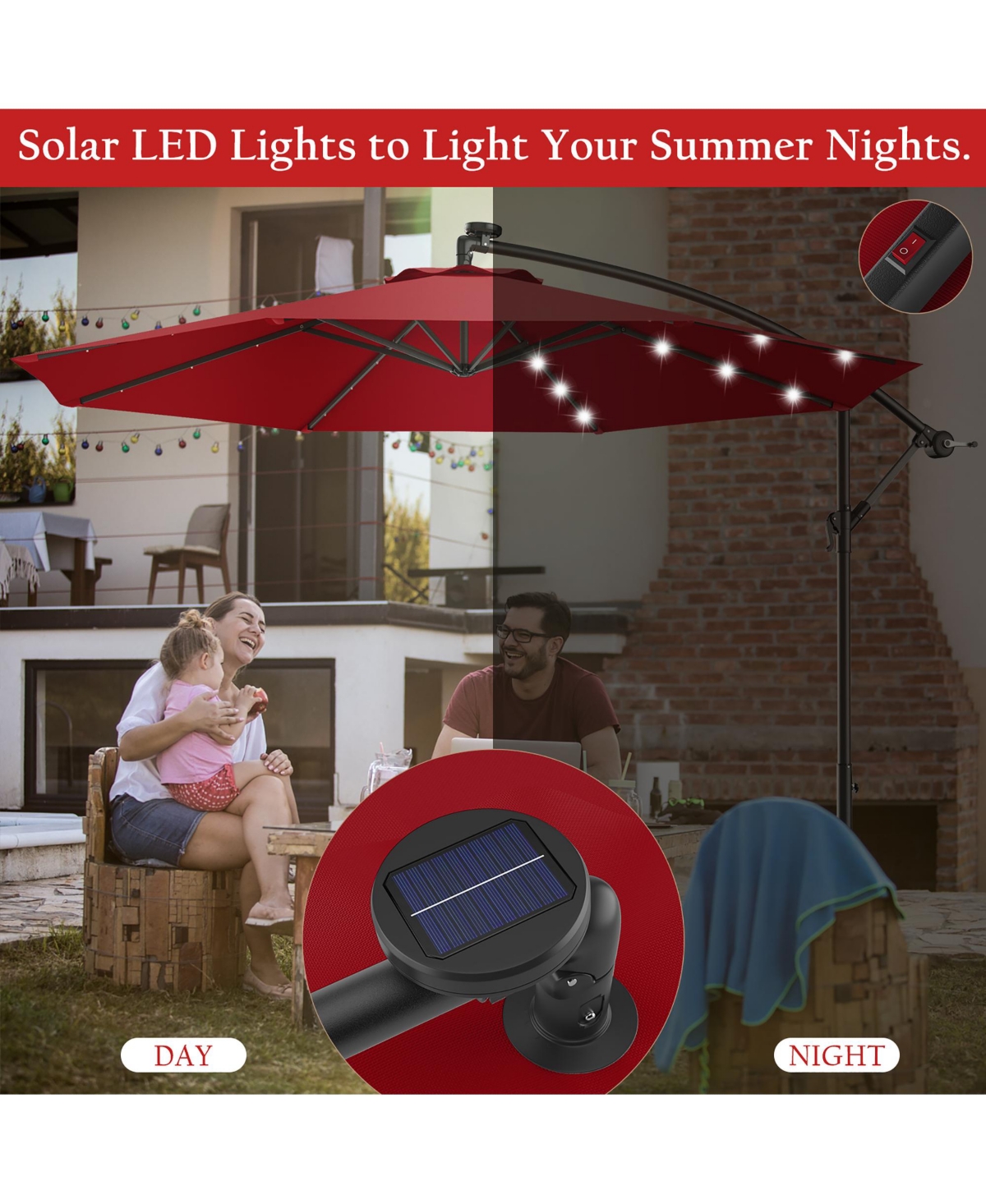 Costway 10' Hanging Solar Led Umbrella Patio Sun Shade Offset Market W/Base