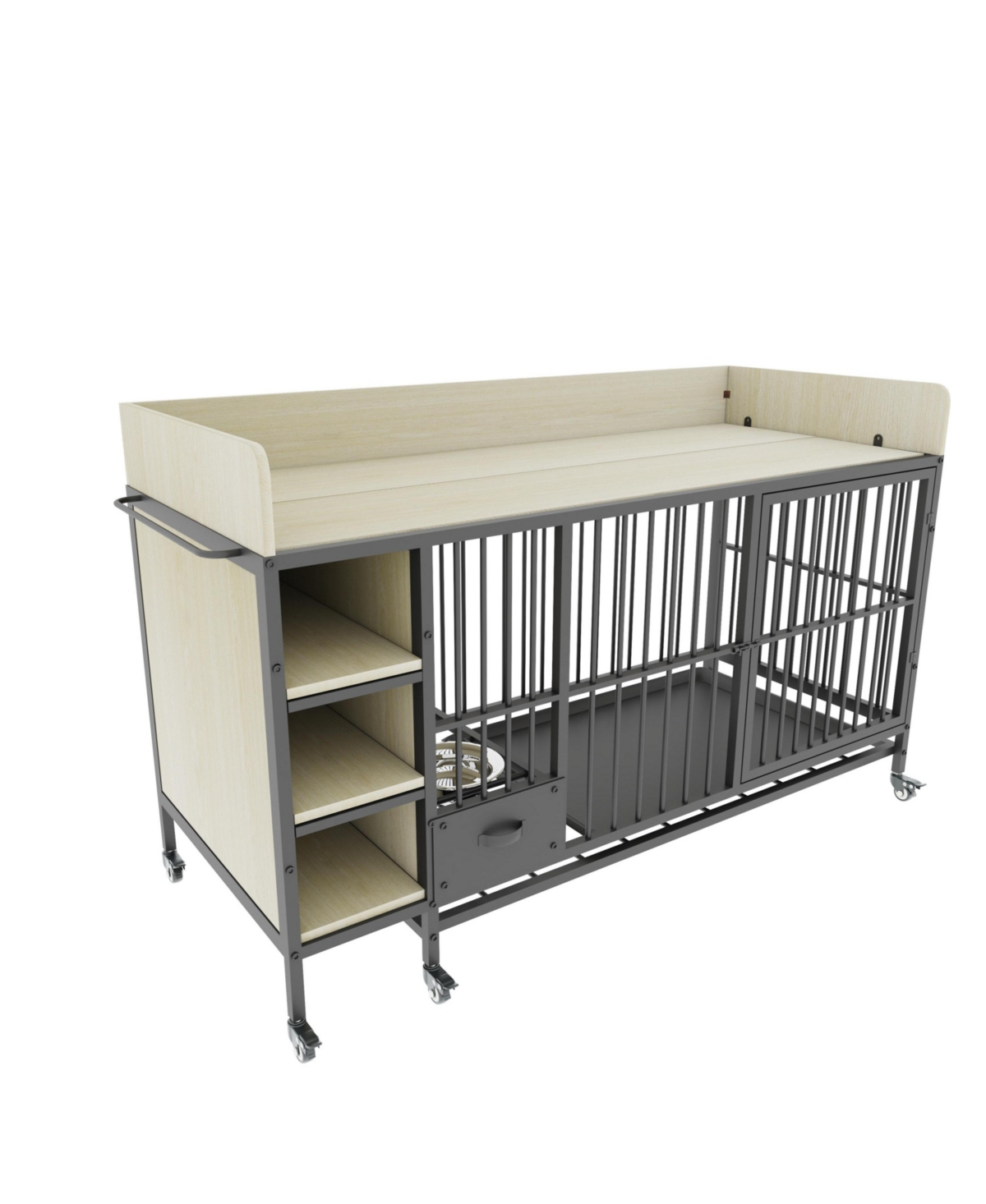Aostirmotor 57 in. W x 33 in. H x 24 in. D Large Pet Cage with Storage Rack Drawers with Stainless Steel Food in Beige