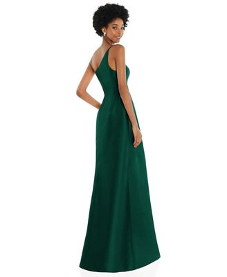 One-Shoulder Satin Gown with Draped Front Slit and Pockets