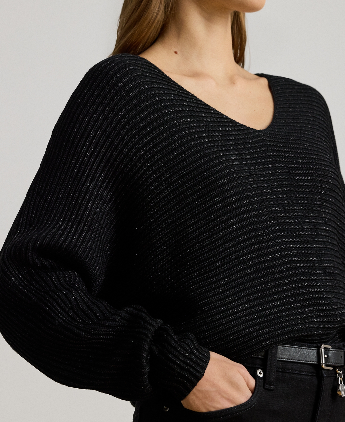 Ralph Lauren Petite Rib-knit Dolman Sleeve Sweater In Black