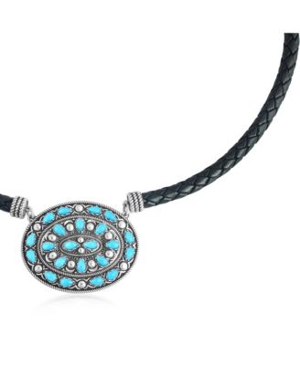 Sterling Silver Kingman Turquoise Oval Pendant Black Leather Necklace, 17 to 20 Inches