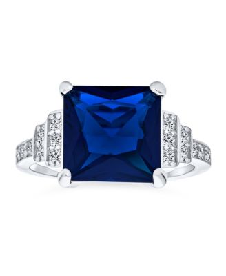 Sterling Art Deco Style Clear Princess Cut CZ Statement Ring with Stepped Side Stones