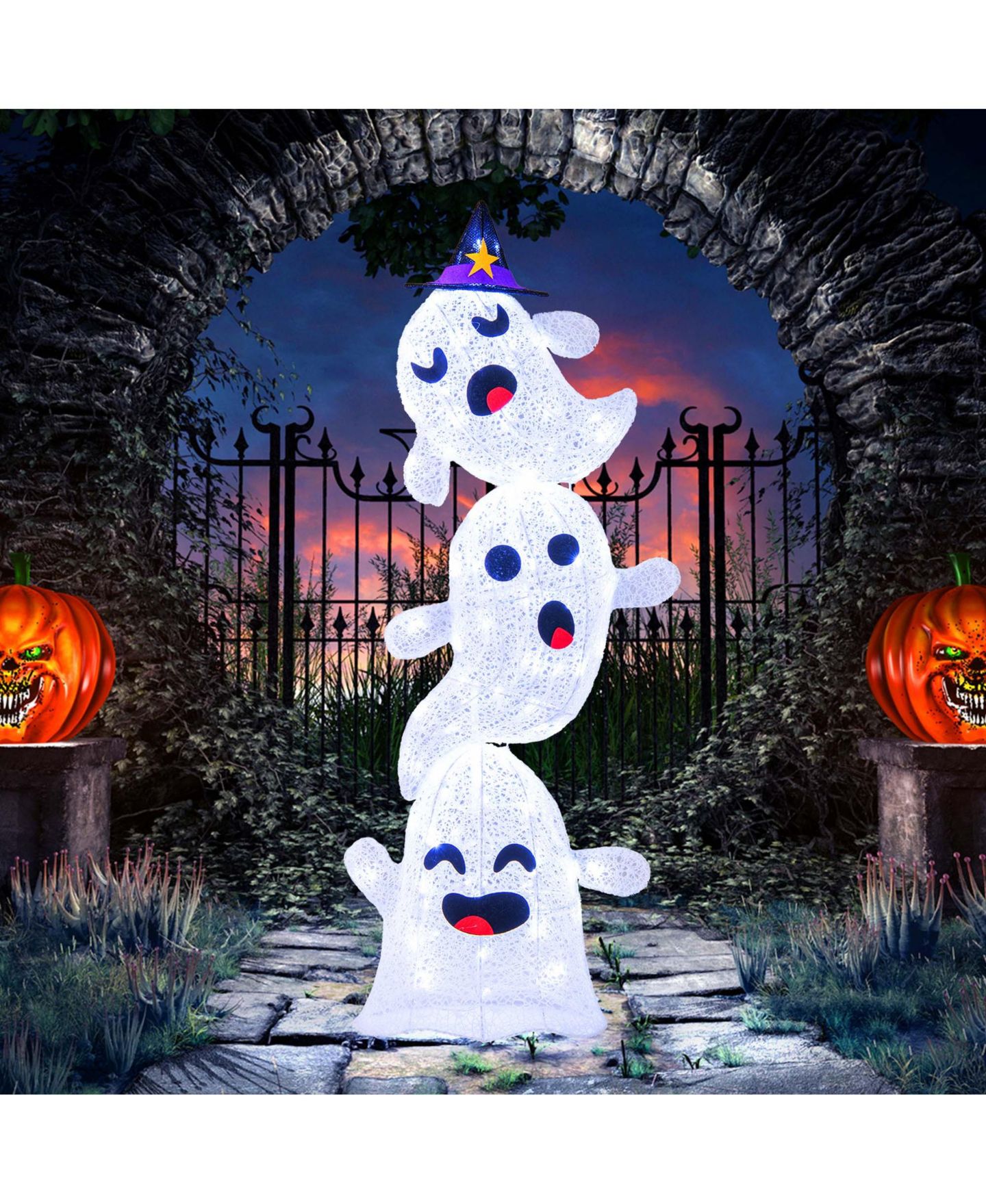Детская игрушка Costway 4 FT Lighted Stacked Ghosts Standing Halloween Decoration with 120, цвет: Белый — фото 9