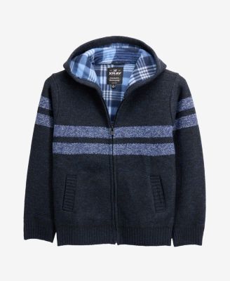 Boys Hooded Flannel Lined Full Zip Sweater With Stripes