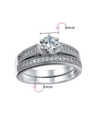 1.5CT Round Cubic Zirconia Solitaire 6 Prong Milgrain CZ Pave Promise Band Ring Set Sterling Silver