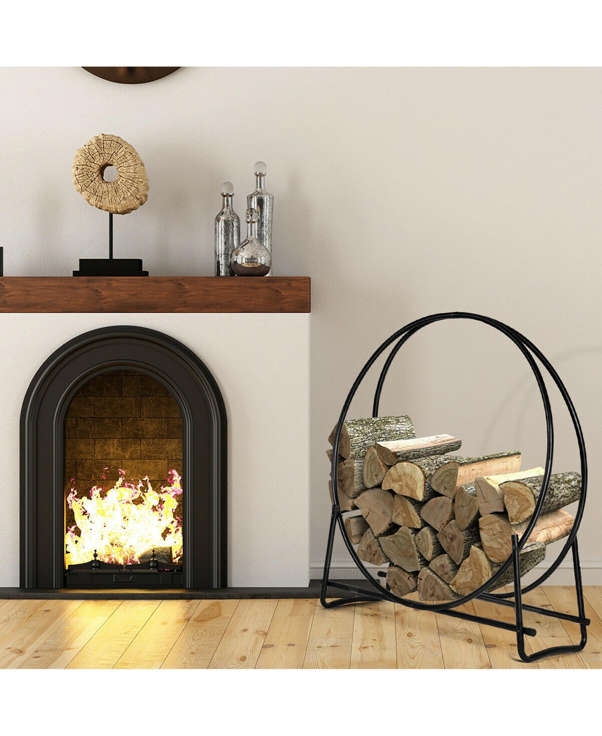 Costway 40-Inch Tubular Steel Log Hoop Firewood Storage Rack Holder Round Display