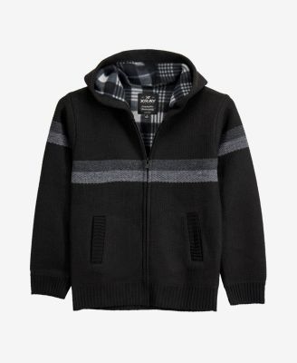 Boys Full Zip Hooded Sweater With Stripes And Faux Shearling Lining