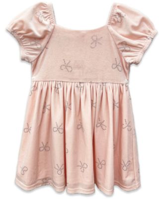 Blueberi Boulevard Baby Girls Puff Sleeve Stretch Velvet Bow Dress - Light Pastel Pink