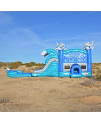 Dolphins Commercial Grade Bounce House Water Slide with Dual Lane and Detachable Pool for Kids and Adults (with Blower), Tunnel Entrance, Basketball Hoop, Wet Dry Use, Obstacle Pop Ups