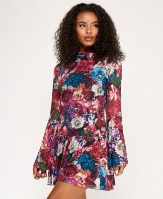 Juniors' Long Sleeve Printed Mesh Drop Waist Dress