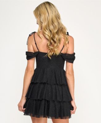 Women's Glitter Off-Shoulder Tiered Mini Dress