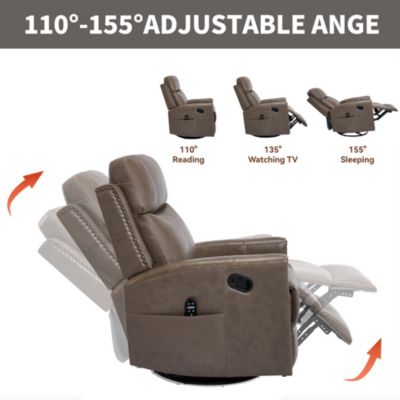 Genuine Leather Heat Massage Manual Recliner Chair with Rocker and Swivel