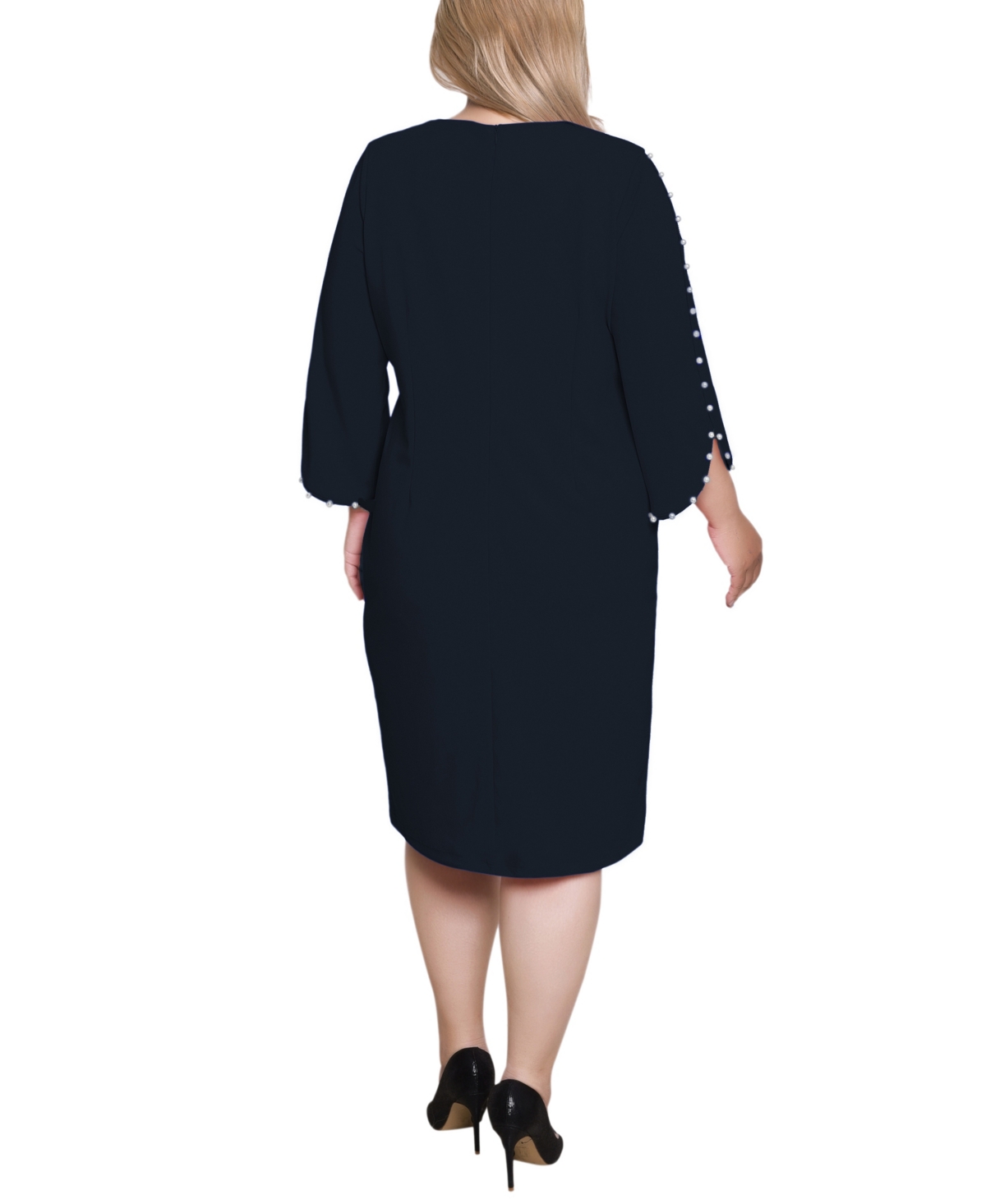 Ny Collection Plus Size 3/4 Cultivated Pearl-detail Petal Sleeve Dress In Black