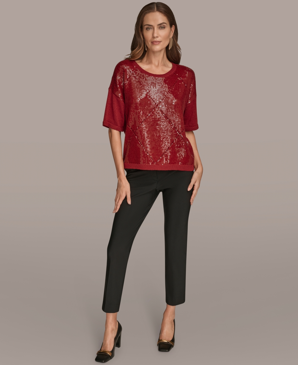 Donna Karan New York Short Sleeve Sequin Sweater In Red