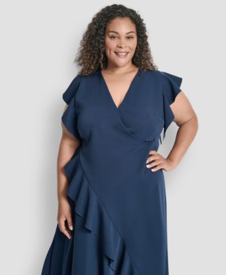 Plus Size V-Neck Ruffle Sleeve Midi Dress