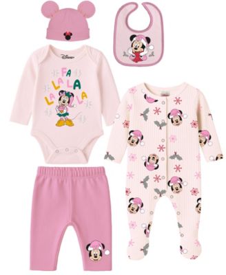 Baby Girls' Minnie Mouse Coverall, Bodysuit, Cap, Bib and Pants, 5-Piece Set