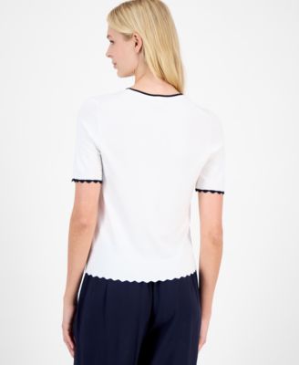 Women's Scallop-Trim Short Sleeve Crewneck Sweater