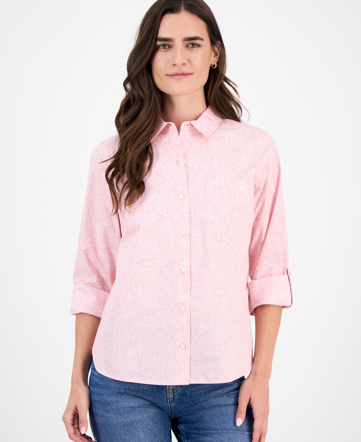 Nautica Jeans Women's Cotton Garden Paisley Roll-tab Shirt In Pink