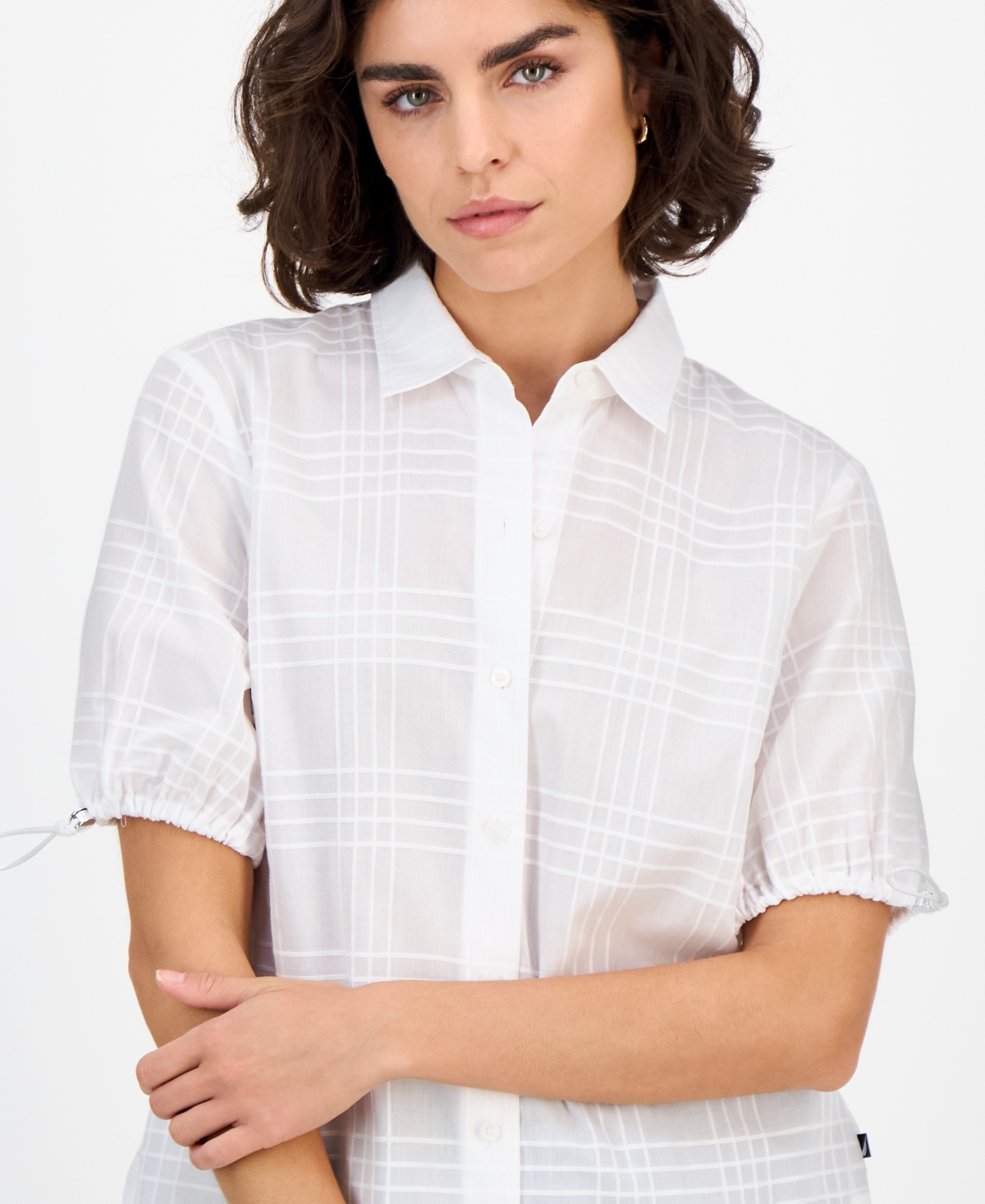 Nautica Jeans Women's Windowpane Bungee-Sleeve Camp Shirt