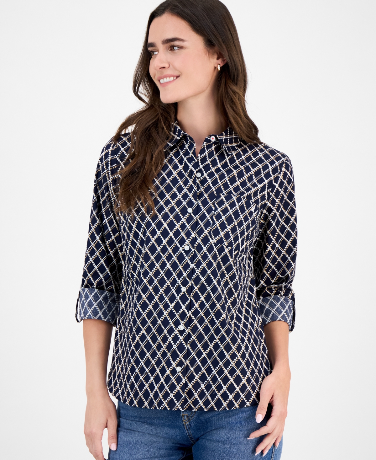 Nautica Jeans Women's Cotton Argyle Dot Roll-tab Shirt In Multi
