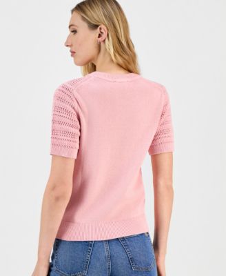 Women's Cotton Lace-Front Short-Sleeve Sweater