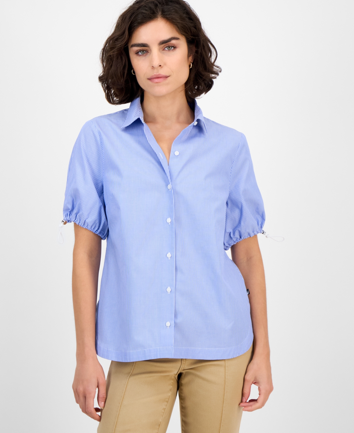 Nautica Jeans Women's Striped Bungee-Sleeve Camp Shirt - Blue/ White