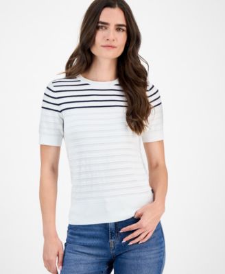 Women's Short-Sleeve Striped Crewneck Sweater