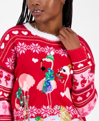 Juniors' Festive Flamingo Pullover Sweater