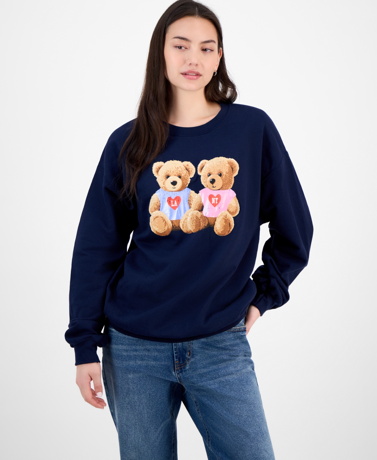 Love Tribe Juniors' Teddy Bear Nyc & La Graphic Sweatshirt In Blue