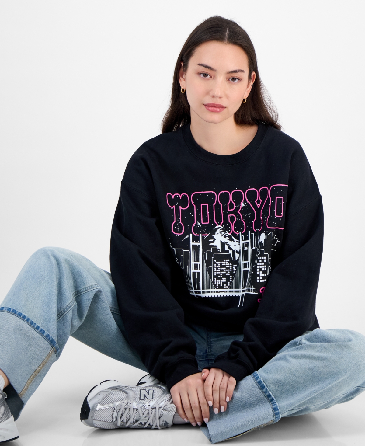 Love Tribe Juniors' Tokyo Skyline Graphic Sweatshirt In Black