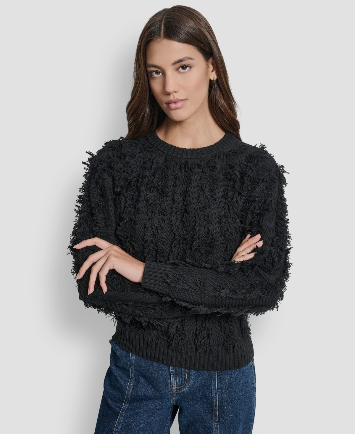 Dkny Jeans Petite Fringe Crewneck Sweater In Black