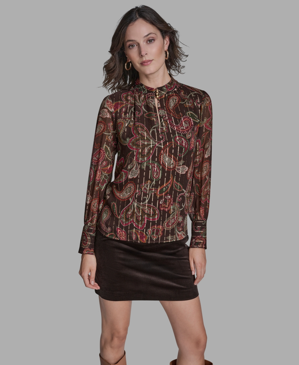 Bcbg Women's Long Sleeve Keyhole Detail Top In Brown