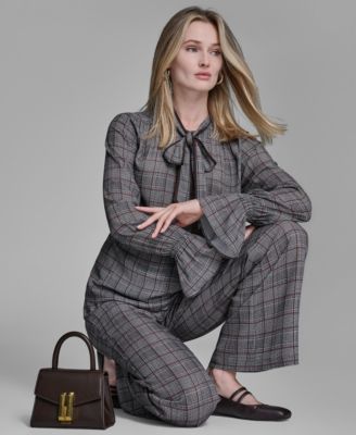 Women's Plaid Long Sleeve Tie Neck Top