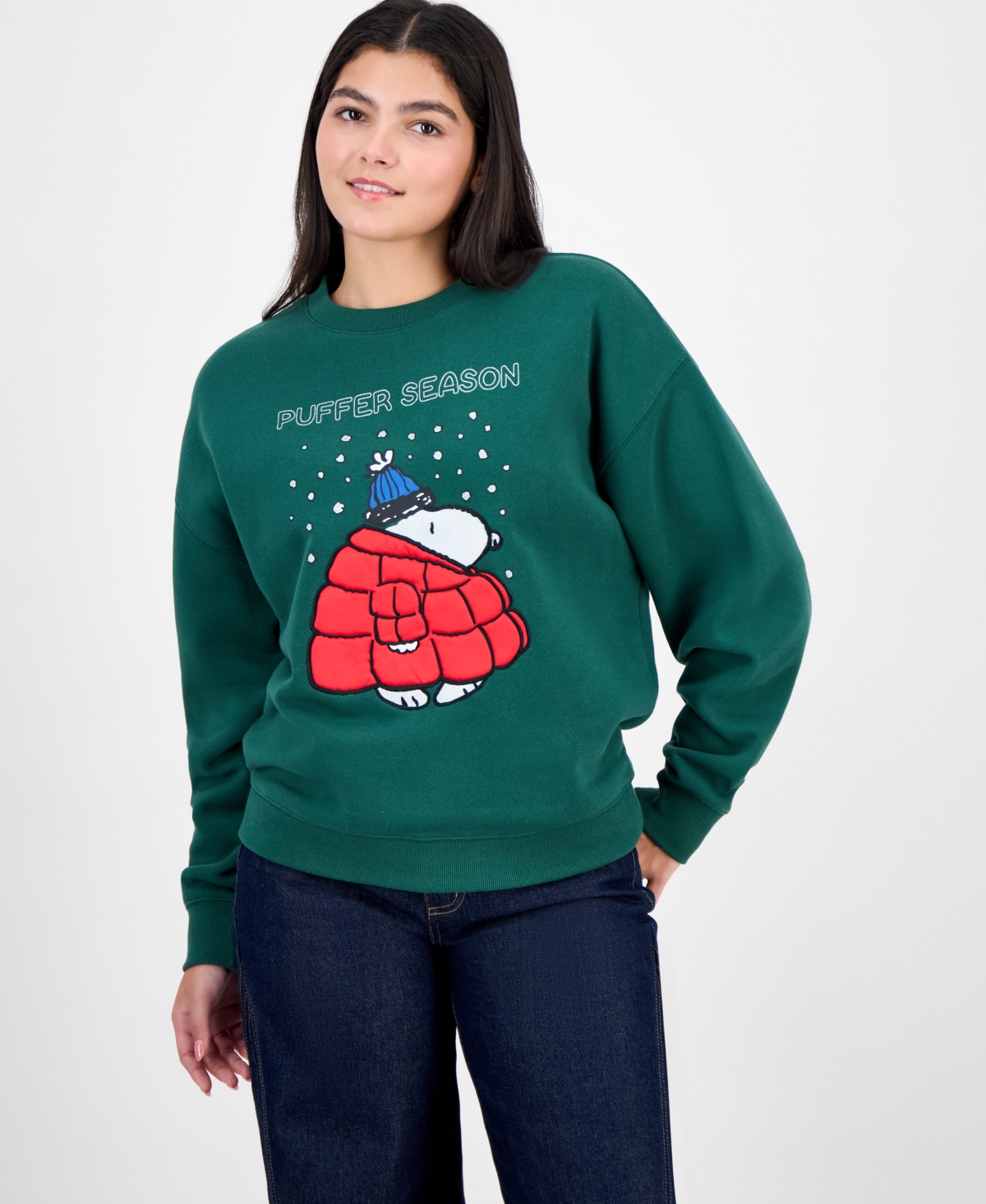 Peanuts Juniors' Snoopy 3d Puffer Fleece Sweatshirt In Green
