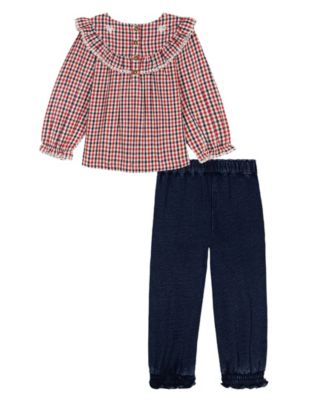 Baby Girls' Dobby Peasant Top and Denim Pants, 2-Piece Set