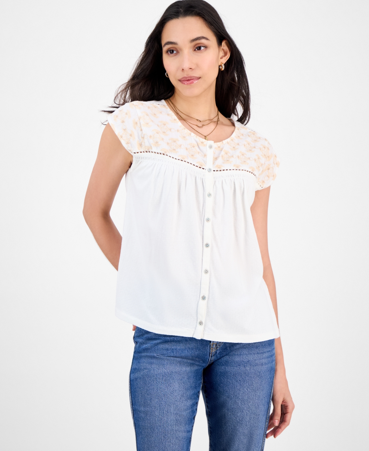 Lucky Brand Women's Cotton Ladder-Trim Blouse