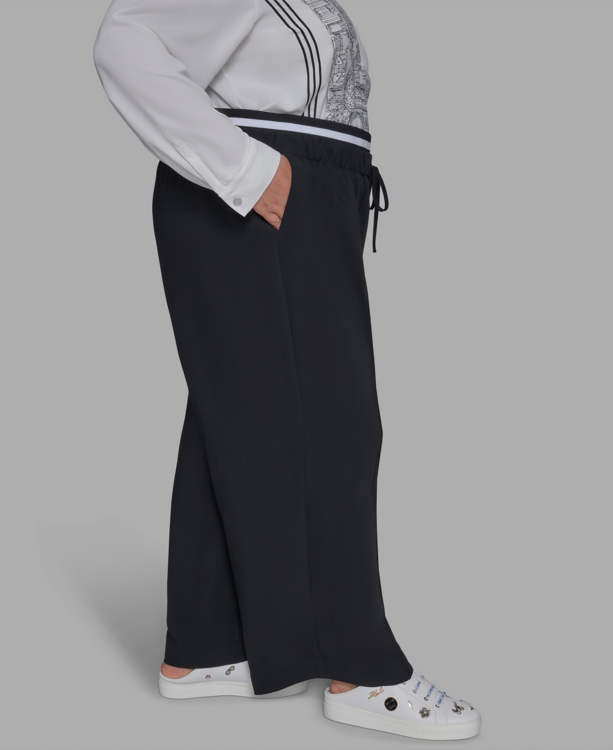Karl Lagerfeld Plus Size Double Waistband Long Casual Pants In Black