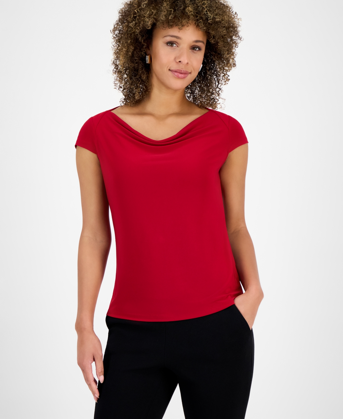 Kasper Petite Cowlneck Cap-sleeve Top In Red