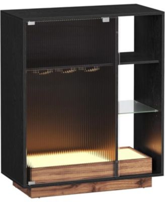 Wine Bar Cabinet with Lights and Reeded Glass Door, Ebony Black