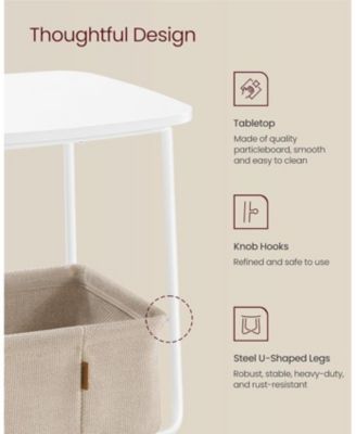 Square Side Table Fabric Basket, Matte White and Camel Brown
