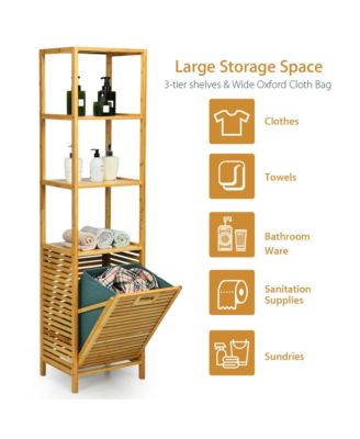 Bathroom Tilt-out Laundry Hamper Bamboo Tower Hamper w/3-Tier Shelves